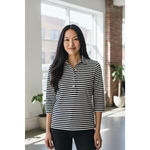 J McLaughlin Navy and White Striped 3Q Sleeve 1/2 Button Collared Pullover XS